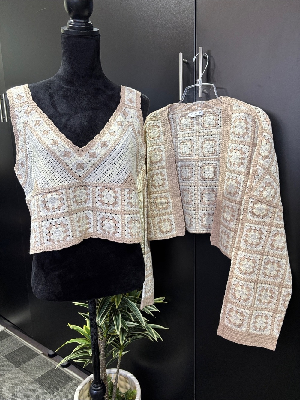 Venus Granny Crocheted 2 pc open front cardigan & v neck sleeveless crop top